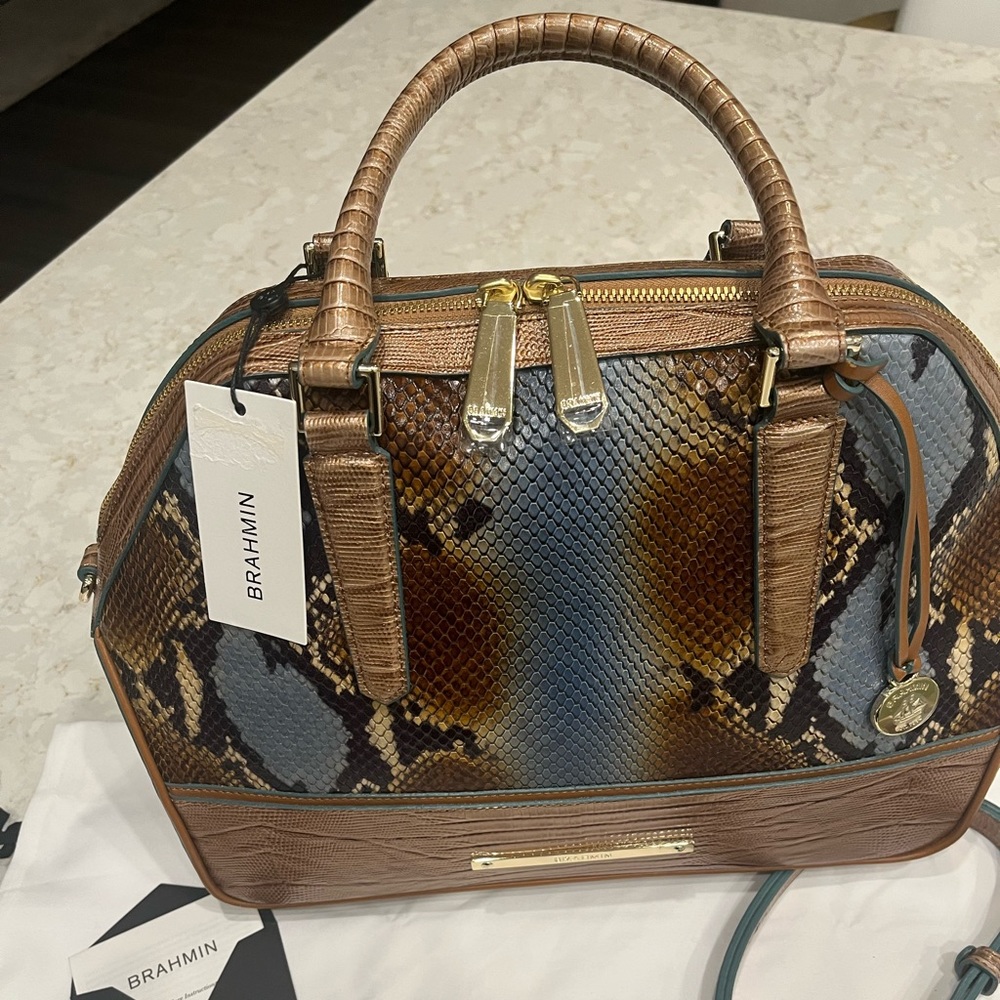 NWT Brahmin Hudson Satchel. Blue/w brown snake skin leather.